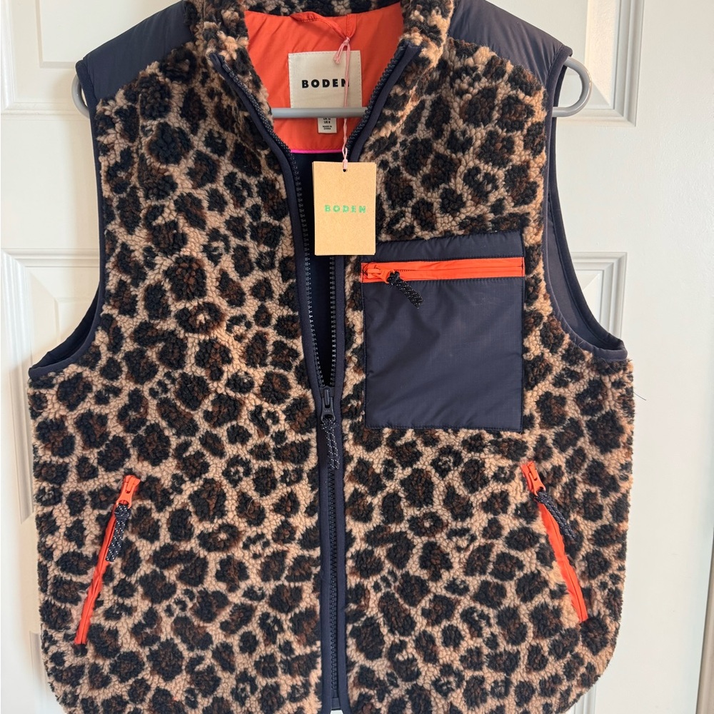 Boden womens Leopard Print fleece Vest with Orange Accents
